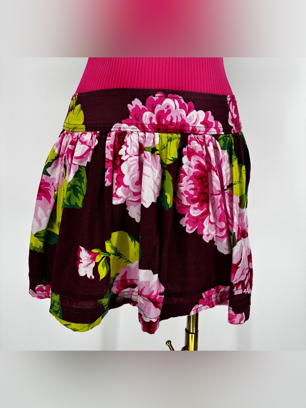 ABERCROMBIE & FITCH Floral Mini Skirt Smocked Waist Burgundy Pink S - Picture 10 of 13